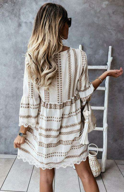 Lace-Trimmed Bohemian V-Neck Dress with Flare Sleeves
