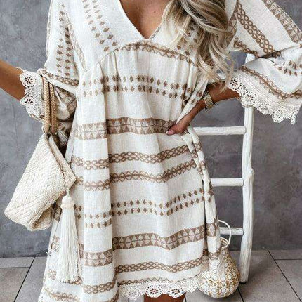 Lace-Trimmed Bohemian V-Neck Dress with Flare Sleeves - Très Elite