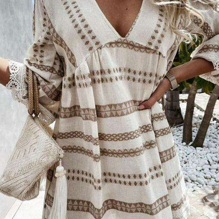Lace-Trimmed Bohemian V-Neck Dress with Flare Sleeves - Très Elite