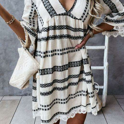 Lace-Trimmed Bohemian V-Neck Dress with Flare Sleeves - Très Elite