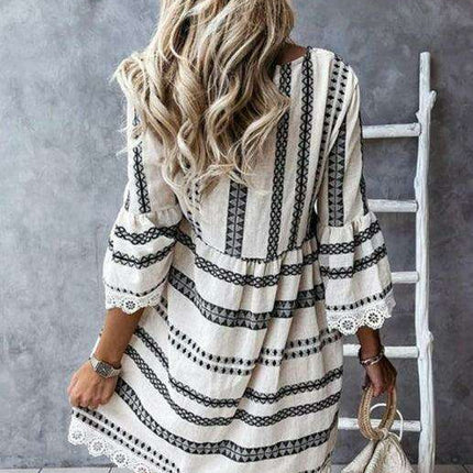 Lace-Trimmed Bohemian V-Neck Dress with Flare Sleeves - Très Elite