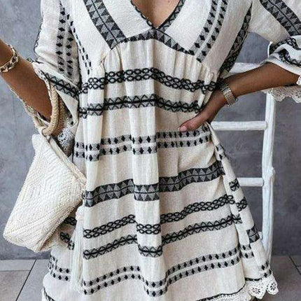 Lace-Trimmed Bohemian V-Neck Dress with Flare Sleeves - Très Elite