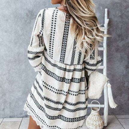 Lace-Trimmed Bohemian V-Neck Dress with Flare Sleeves - Très Elite