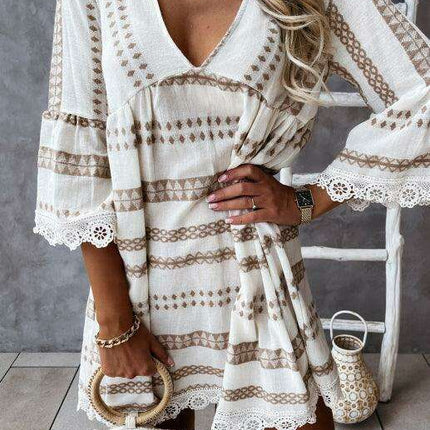 Lace-Trimmed Bohemian V-Neck Dress with Flare Sleeves - Très Elite