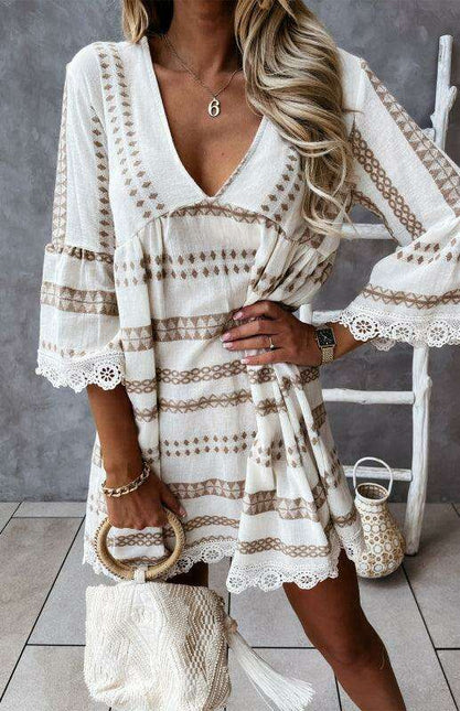 Lace-Trimmed Bohemian V-Neck Dress with Flare Sleeves