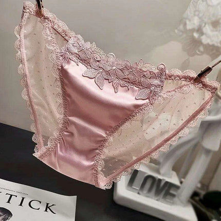 Ladies Seamless Satin Briefs with Floral Design - Sexy Mesh Back Underwear in Various Colors - Très Elite