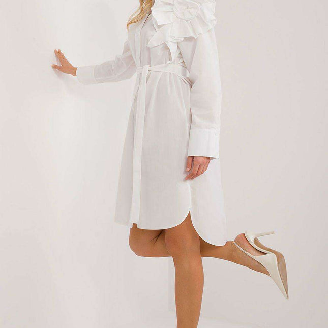 Lakerta Chic Asymmetrical Cotton Shirt Dress with Floral Pin - Made in Europe