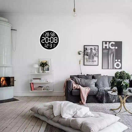 Large 12-Inch Digital LED Wall Clock with Alarm, Calendar, Temperature, and Humidity Display - Modern Home Decor with Smart Brightness Control - Très Elite