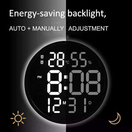 Large 12-Inch Digital LED Wall Clock with Alarm, Calendar, Temperature, and Humidity Display - Modern Home Decor with Smart Brightness Control - Très Elite