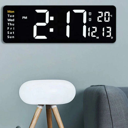 Large LED Digital Wall Clock with Calendar, Dual Alarms, and Temperature Display for Bedroom and Living Room - Très Elite