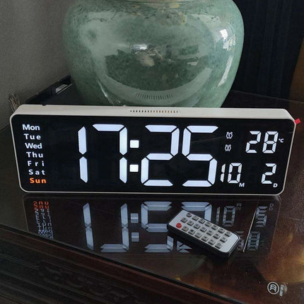 Large LED Digital Wall Clock with Calendar, Dual Alarms, and Temperature Display for Bedroom and Living Room - Très Elite