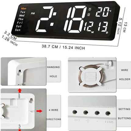 Large LED Digital Wall Clock with Calendar, Dual Alarms, and Temperature Display for Bedroom and Living Room - Très Elite