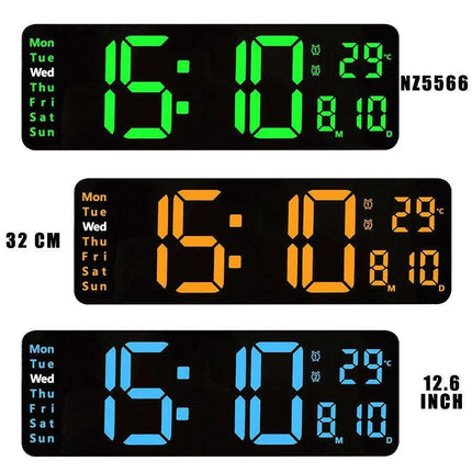 Large LED Digital Wall Clock with Calendar, Dual Alarms, and Temperature Display for Bedroom and Living Room - Très Elite