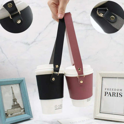 Leather Cup Holder with Strap - Stylish Drink Sleeve for Hot and Cold Drinks - Très Elite