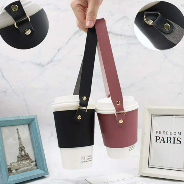 Leather Cup Holder with Strap - Stylish Drink Sleeve for Hot and Cold Drinks