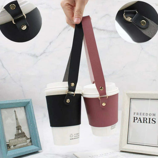 Leather Cup Holder with Strap - Stylish Drink Sleeve for Hot and Cold Drinks - Très Elite