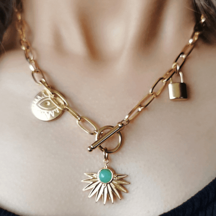 Leaves & Devil's Eye Pendant Necklace – Stainless Steel OT Buckle Collar