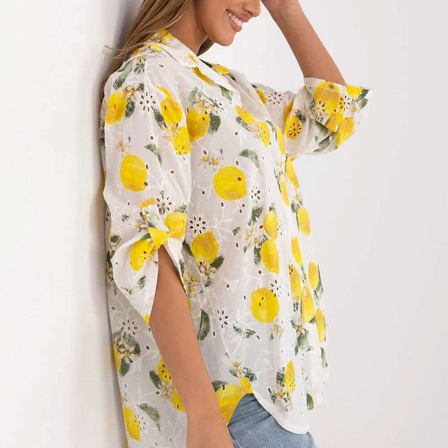 Lemon Print Lace Embroidered Cotton Womens Shirt 212541