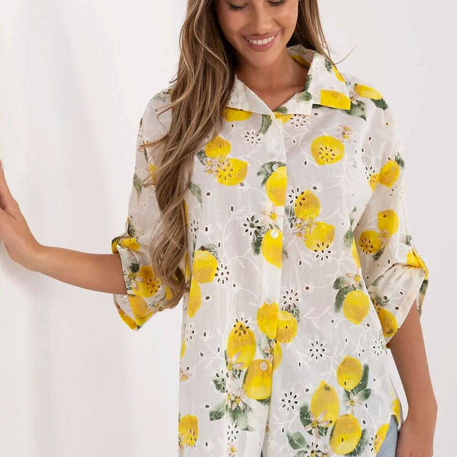 Lemon Print Lace Embroidered Cotton Womens Shirt 212541