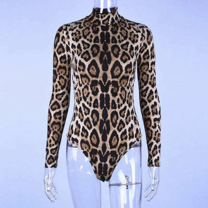 Leopard Print Long Sleeve Turtleneck Bodysuit for Women with Gloves - Slim Bodycon Rave Outfit for Autumn - Très Elite