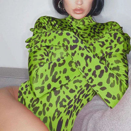 Leopard Print Long Sleeve Turtleneck Bodysuit for Women with Gloves - Slim Bodycon Rave Outfit for Autumn - Très Elite