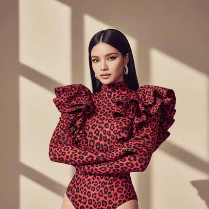 Leopard Print Long Sleeve Turtleneck Bodysuit for Women with Gloves - Slim Bodycon Rave Outfit for Autumn - Très Elite