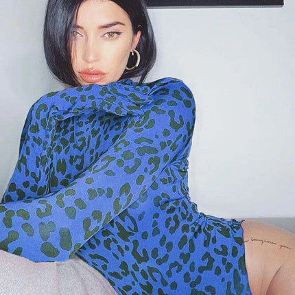 Leopard Print Long Sleeve Turtleneck Bodysuit for Women with Gloves - Slim Bodycon Rave Outfit for Autumn - Très Elite