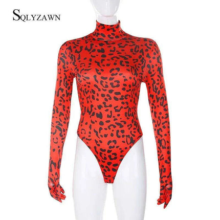 Leopard Print Long Sleeve Turtleneck Bodysuit for Women with Gloves - Slim Bodycon Rave Outfit for Autumn - Très Elite