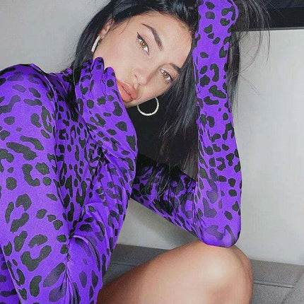 Leopard Print Long Sleeve Turtleneck Bodysuit for Women with Gloves - Slim Bodycon Rave Outfit for Autumn - Très Elite