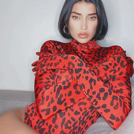 Leopard Print Long Sleeve Turtleneck Bodysuit for Women with Gloves - Slim Bodycon Rave Outfit for Autumn - Très Elite