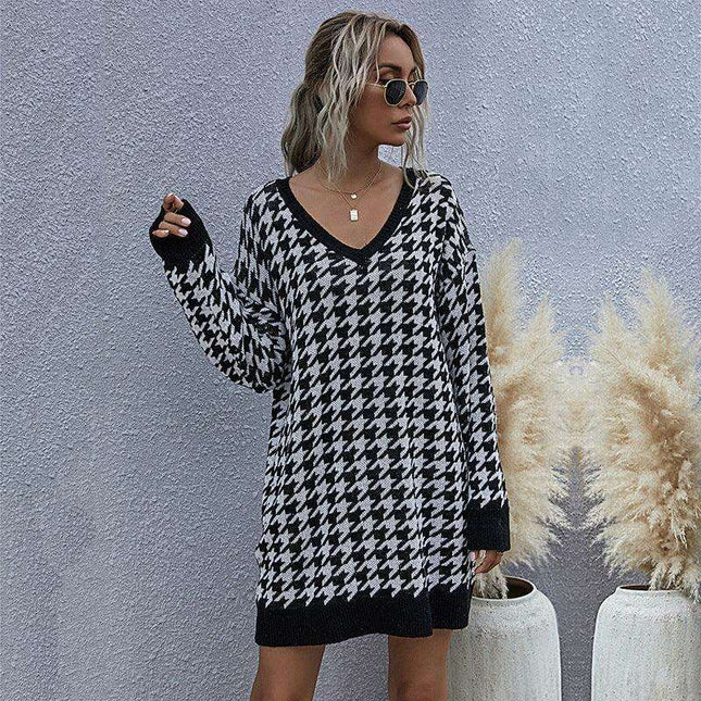 Elegant V-Neck Houndstooth Sweater Dress