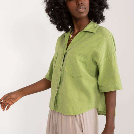 Light Linen Cotton Blend Short Sleeve Shirt Chest Pockets - Très Elite