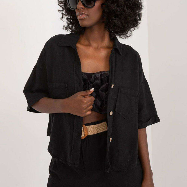 Light Linen Cotton Blend Short Sleeve Shirt Chest Pockets