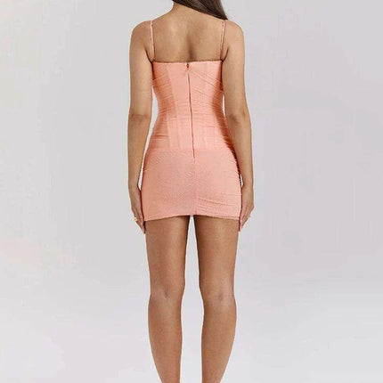 Light Orange Backless Bodycon Mini Dress with Spaghetti Straps and Chic Ruched Accents for Women - Très Elite
