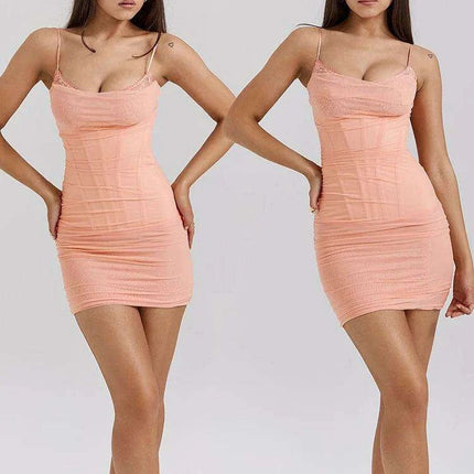 Light Orange Backless Bodycon Mini Dress with Spaghetti Straps and Chic Ruched Accents for Women - Très Elite