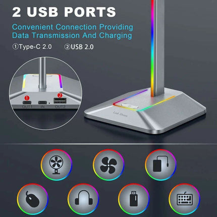 Link Dream Z8 LED Gaming Headset Stand with USB Type-C Connectivity - Elegant Silver Aluminum Earphone Organizer - Très Elite