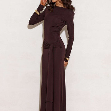Long Sleeve Floor Length Dress with Shoulder Pads & Waist Sash - Très Elite