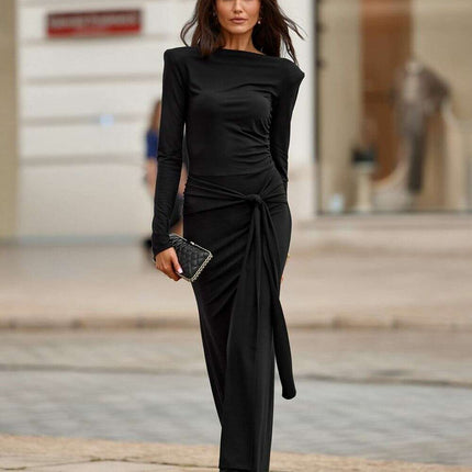 Long Sleeve Floor Length Dress with Shoulder Pads & Waist Sash - Très Elite