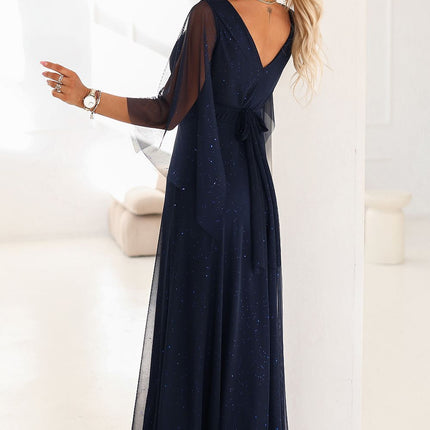 Navy Blue Glitter Maxi Dress Numoco Basic Plus Size for Wedding Prom Ball - Très Elite