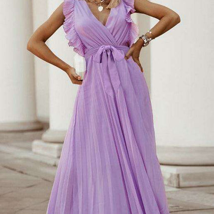 Lotus Blossom Chiffon Dress with Flutter Sleeves and Deep V-Neck - Très Elite