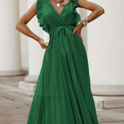 Lotus Blossom Chiffon Dress with Flutter Sleeves and Deep V-Neck - Très Elite