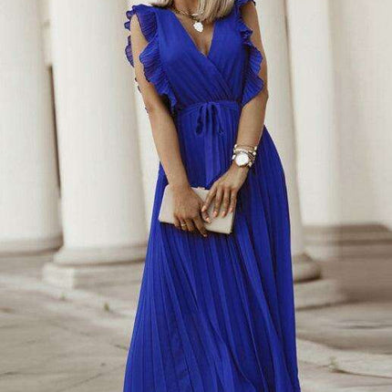 Lotus Blossom Chiffon Dress with Flutter Sleeves and Deep V-Neck - Très Elite