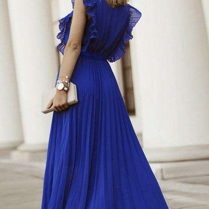 Lotus Blossom Chiffon Dress with Flutter Sleeves and Deep V-Neck - Très Elite