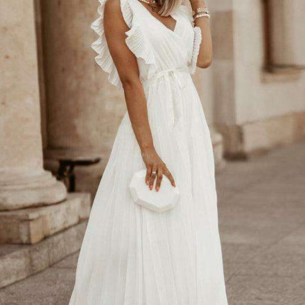 Lotus Blossom Chiffon Dress with Flutter Sleeves and Deep V-Neck - Très Elite