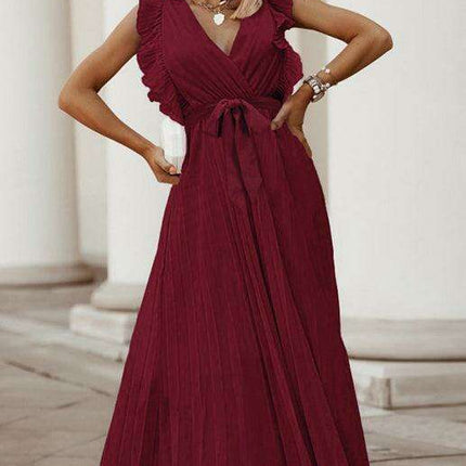 Lotus Blossom Chiffon Dress with Flutter Sleeves and Deep V-Neck - Très Elite