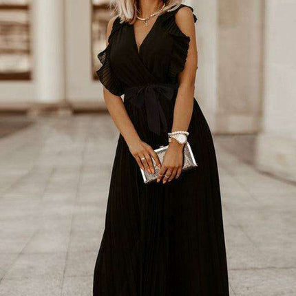 Lotus Blossom Chiffon Dress with Flutter Sleeves and Deep V-Neck - Très Elite