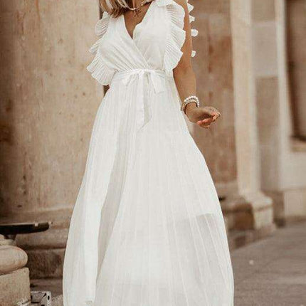 Lotus Blossom Chiffon Dress with Flutter Sleeves and Deep V-Neck - Très Elite