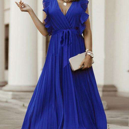 Lotus Blossom Chiffon Dress with Flutter Sleeves and Deep V-Neck - Très Elite
