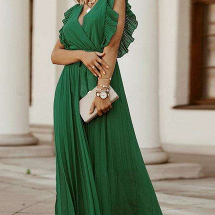 Lotus Blossom Chiffon Dress with Flutter Sleeves and Deep V-Neck.