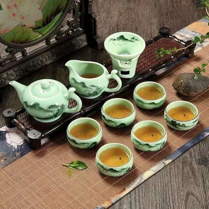 Lotus Landscape Longquan Celadon Kung Fu Tea Set - Exquisite 9-Piece Gift Collection for Tea Enthusiasts - Très Elite